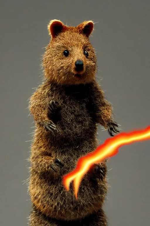 Prompt: detailed illustration, a quokka as a 1 9 8 0 s wrestling action figure, ultra realistic, dramatic lighting, thick black swirling smoke tornado, artstation