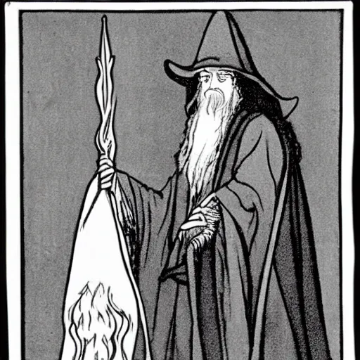 Prompt: Gandalf the wizard, by Aubrey Beardsley