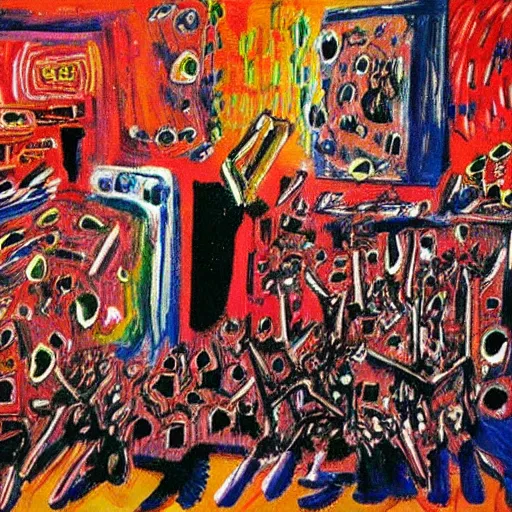 Prompt: inside a dark club, dancing, room is full of people, crowded, disco light, abstract expressionism, artwork by phillip guston