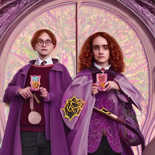 Image similar to hermoine granger and harry potter, art nouveau, by rachel ruysch and lisa frank, 8 k, sharp focus, octane render