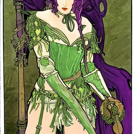 Prompt: short wood elf, purple hair, holding a long bow, green leaf cloak, leather armor, metal gauntlets, green eyes. in the style of alphonse mucha and john howe. fantasy. detailed.