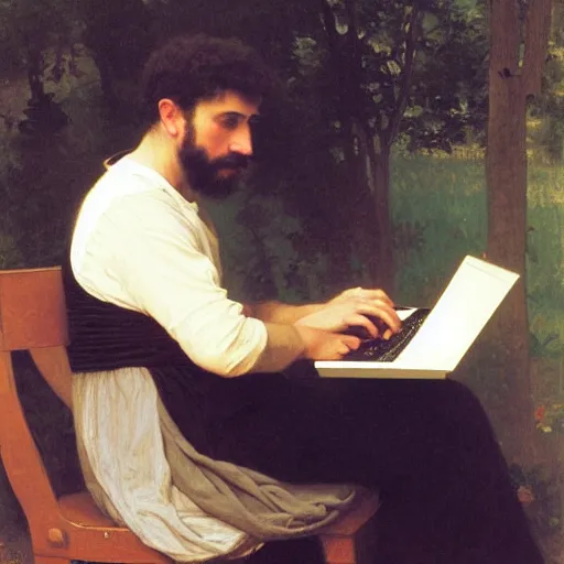 Image similar to an oil painting of an man playing a laptop, by Bouguereau, highly detailed and intricate,