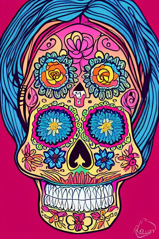 Prompt: Illustration of a sugar skull day of the dead girl, art by Jeremiah Ketner