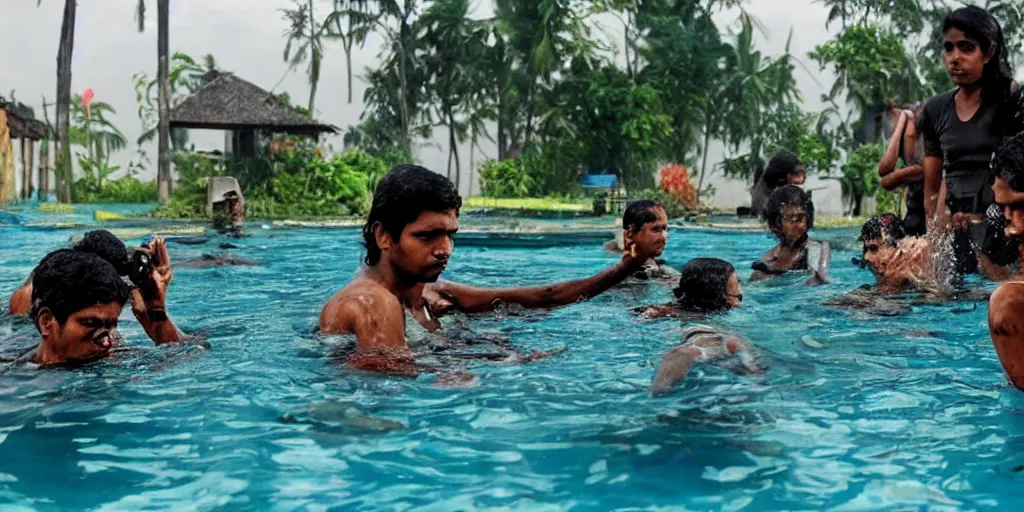 Image similar to sri lankan submerged in a pool, film still, thriller movie style