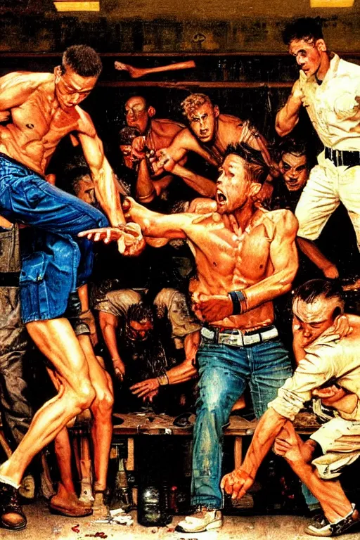 Image similar to Tyler Durden fighting in a basement painted by Norman Rockwell