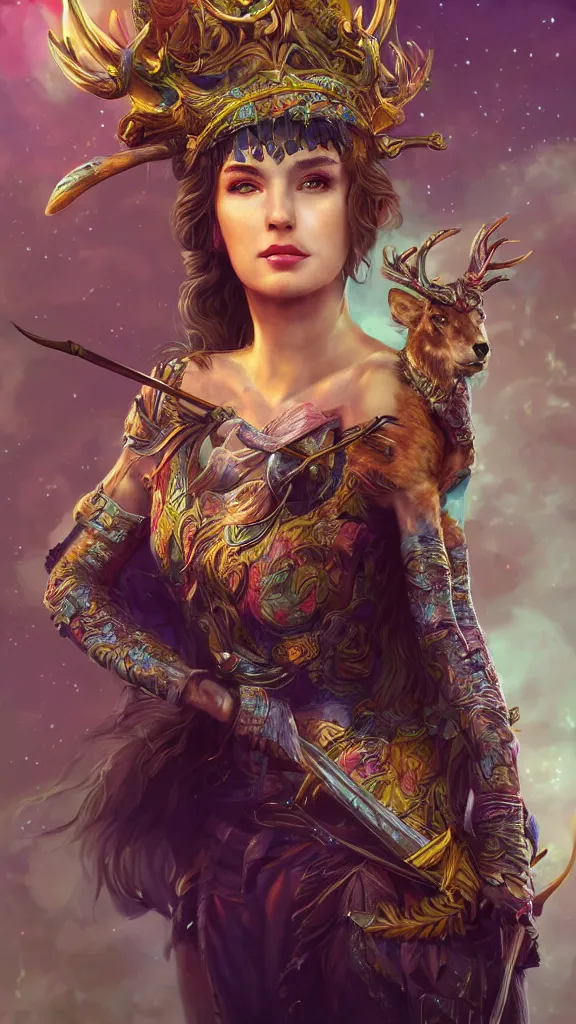 Image similar to portrait of Artemis, goddess of the hunt and the moon, wearing an antler crown, studio lightning, bright colors, intricate, masterpiece, photorealistic, hiperrealistic, sharp focus, high contrast, Artstation HQ, DeviantArt trending, 4k UHD, Unreal Engine 5