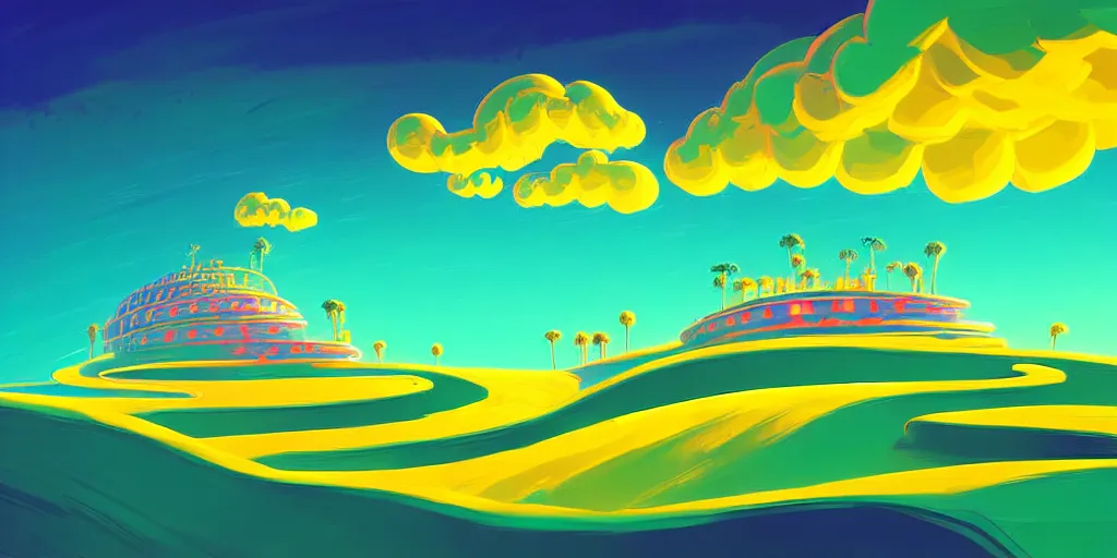 Image similar to curled perspective digital art of curvy clouds a casino in top of a hill with palmtrees by anton fadeev from nightmare before christmas