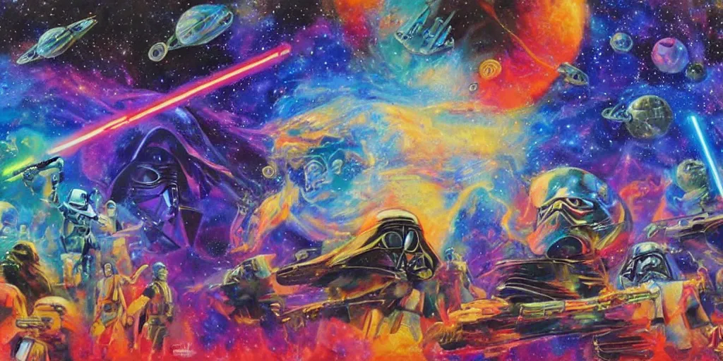 Image similar to high detailed psychedelic painting of star wars the movie in the cosmos
