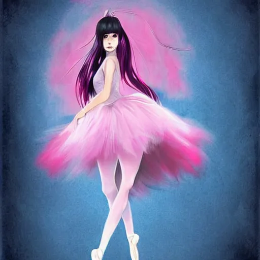 Prompt: a beautiful anime ballerina with long black hair, wearing a pink tutu, digital art, fantasy art