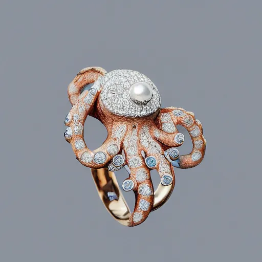 Prompt: hd photo of a octopus ring with diamonds and pearls by vivienne westwood, denoise, deblur