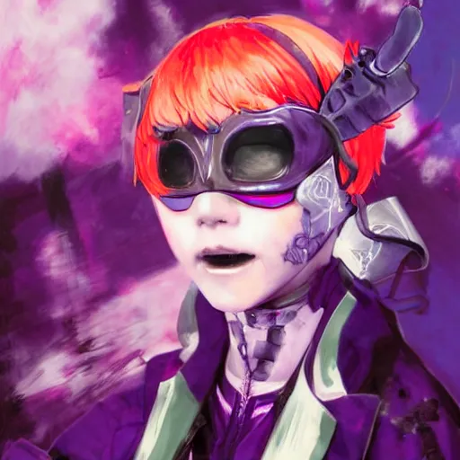 Image similar to portrait of the tokyo - ghoul masked joyful adolescent tiktoker girl aurora, purple dawn in neon santiago of chile on the background, concept art by yoji shinkawa, ryuichi sakamoto, esao andrews and yoshitaka amano