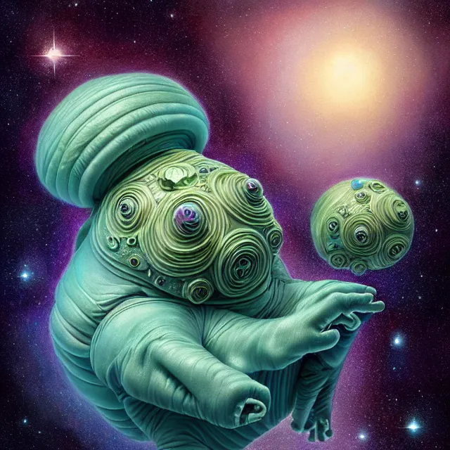 Image similar to a highly detailed tardigrade, it has a beautiful unconventional face, floating through deep space, elegant, hyperrealistic, digital painting, artstation, realism, concept art, pop, smooth, mythological, sharp focus, qualia, illustration, art by mark ryden 3 d 8 k ultra detailed