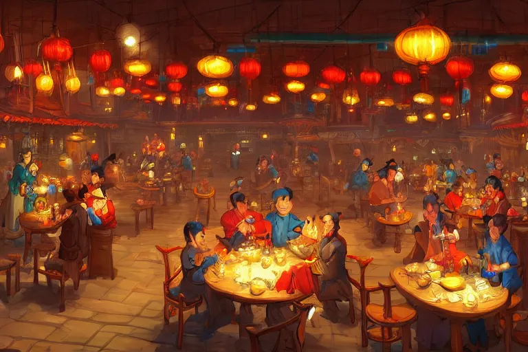 Prompt: fantasy art of a bustling tavern in china, at night, by cory loftis, highly detailed digital art, trending on artstation