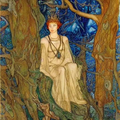 Prompt: the queen of the forest in a tree, by Annie Swynnerton and jean delville and Edmund Dulac and Nicholas Roerich and Tino Rodriguez, elaborately costumed, rich color, dramatic cinematic lighting, extremely detailed