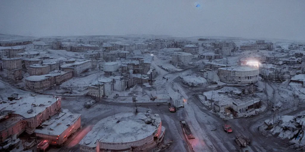 Image similar to cinematic shot of a city in the moon's hollow, norilsk russian orbit city cityscape, telephoto, iconic scene from the paranoid thriller sci fi film directed by stanley kubrick, anamorphic cinematography, beautiful composition, color theory, leading lines, photorealistic, moody volumetric lighting