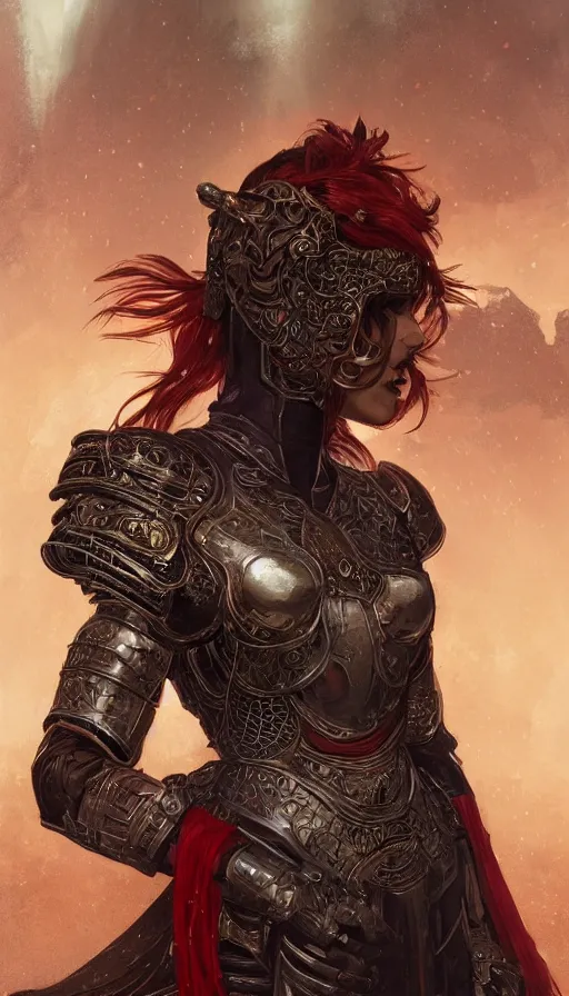 Image similar to portrait knights of Zodiac girl, metallic black and reddish armor, in ruined Agora of Athens, ssci-fi, fantasy, intricate, very very beautiful, elegant, highly detailed, digital painting, artstation, concept art, smooth, sharp focus, illustration, art by tian zi and WLOP and alphonse mucha