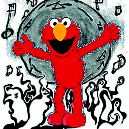 Prompt: elmo in a satanic metal band