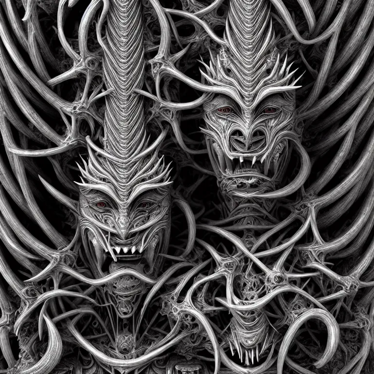 Prompt: biomechanical symmetrical spiky spinal ribbed surreal yama buddhist demon face portrait detailed beautiful BW digital art 3D render sculpture by Giger beautiful detailed intricate insanely detailed octane render, 8K artistic photography, photorealistic