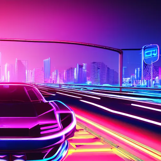 Prompt: cyberpunk car synthwave neon lights driving fast with city visible in the background, the road extends out towards the horizon, 3d render