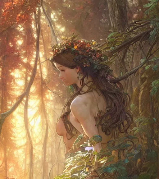 Image similar to beautiful cottagecore woman, intricate, magical forest, stunning, highly detailed, digital painting, artstation, concept art, smooth, sharp, focus, illustration, art by artgerm and greg rutkowski and alphonse mucha