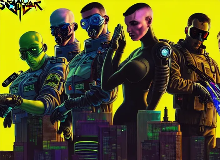 Image similar to cyberpunk blackops hazmat squad. portrait by stonehouse and mœbius and will eisner and gil elvgren and pixar. character design. realistic proportions. cyberpunk 2 0 7 7 character art, blade runner 2 0 4 9 concept art. cel shading. attractive face. thick lines. the team. diverse characters. artstationhq.