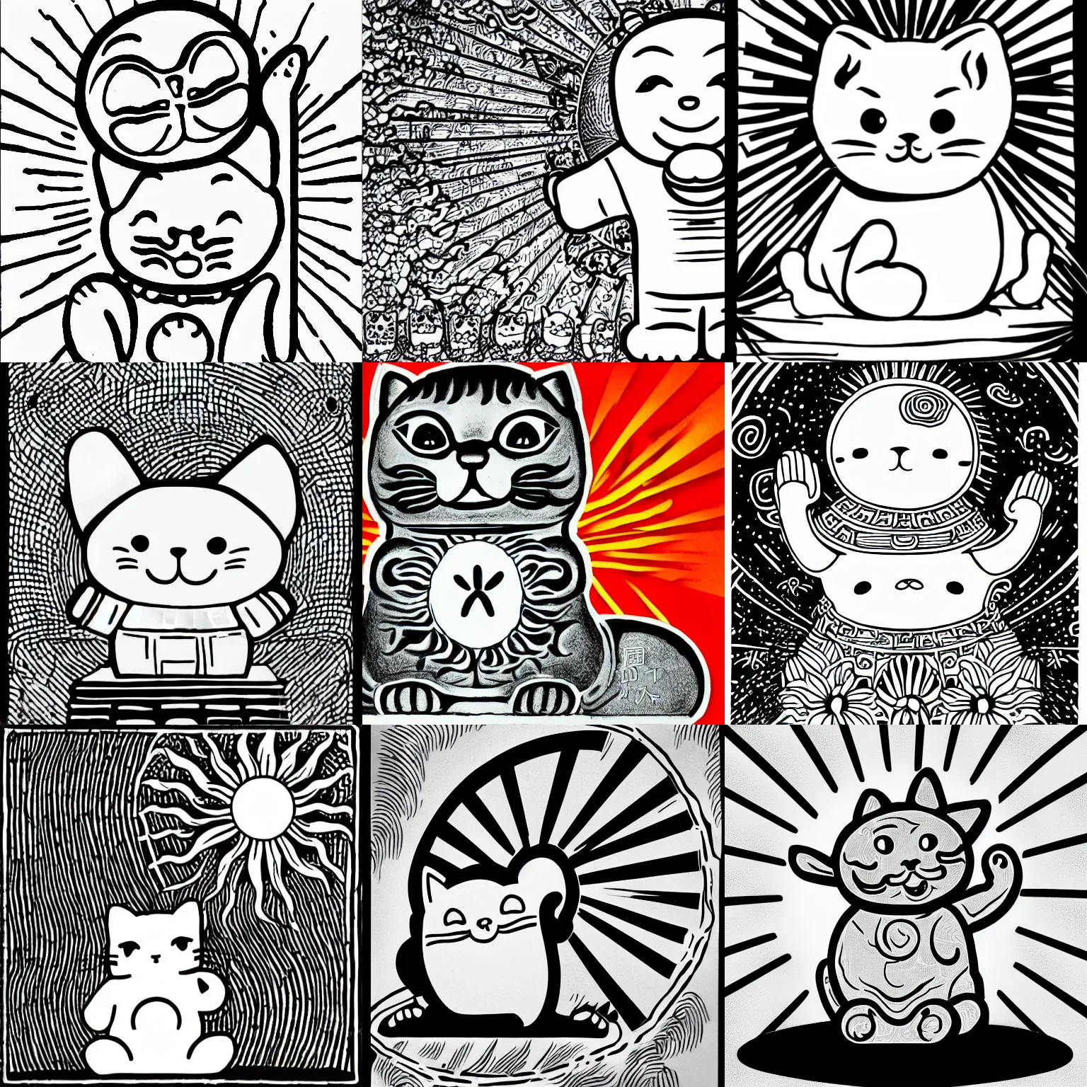 Prompt: line drawing of a happy waving maneki neko with a sun in background, black and white