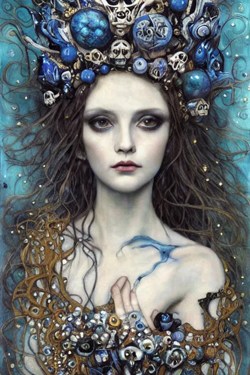 Image similar to The Princess of Bones by Karol Bak, Jean Deville, Gustav Klimt, and Vincent Van Gogh, portrait of a porcelain princess wearing a crown, porcelain ball-joint doll face with blue painted tattoos, pale blue eyes, hair made of shimmering ghosts, mystic eye, otherworldly, crown made of bones, ornate jeweled crown, skulls, fractal structures, arcane, inscribed runes, infernal relics, ornate gilded medieval icon, third eye, spirals