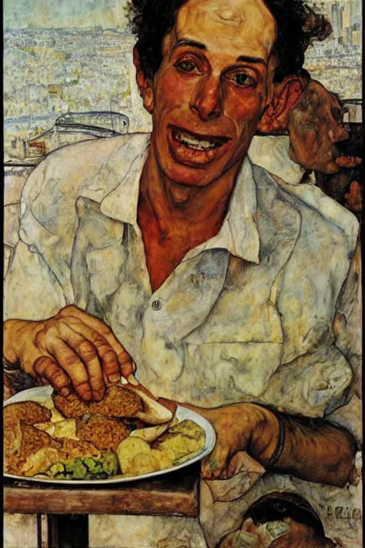 Prompt: portrait of an israeli man eating a falafel in tel aviv, norman rockwell, egon schiele
