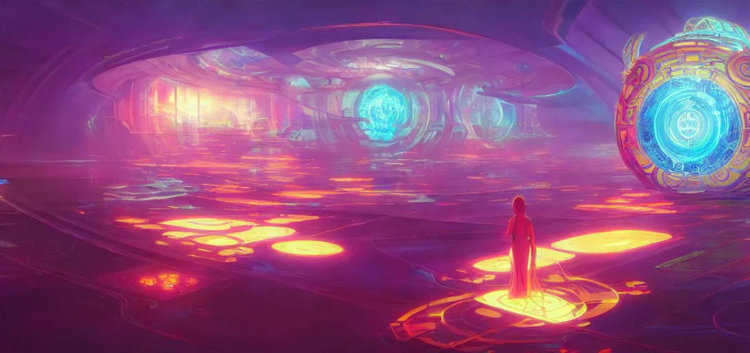 Image similar to a floating temple, channeling swirling energy, wearing netrunner clothing, vaporwave aesthetic, colorful, psychedelic, digital painting, artstation, concept art, smooth, sharp focus, illustration, art by artgerm and greg rutkowski and alphonse mucha