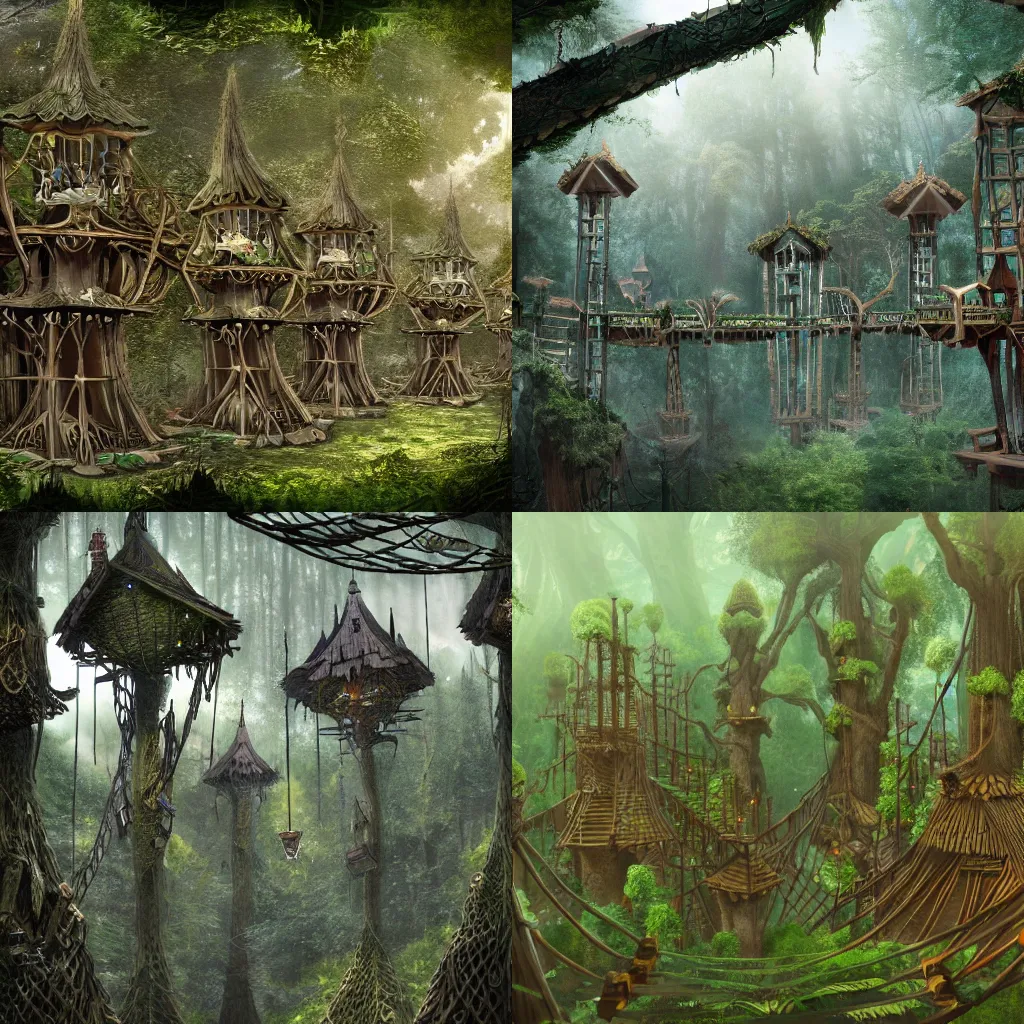 Prompt: treetop elf village made up of treehouses and connected by rope bridges. Elaborate fancy wood-carved decorations. Ground level view looking at the canopy. Dark fantasy atmosphere. Detailed matte painting trending in artstation