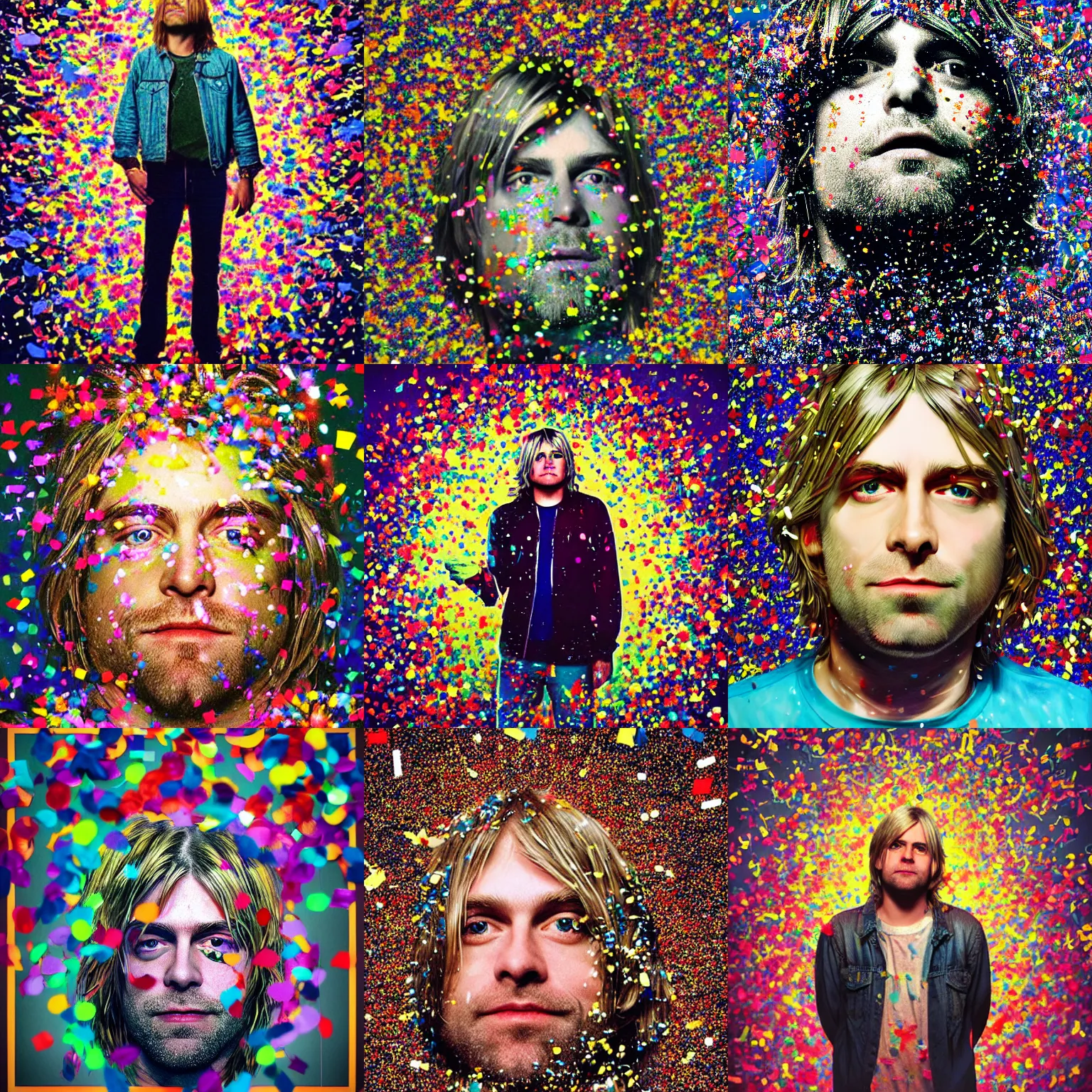 Prompt: kurt cobain as a explosion of confetti, on a stage, big eyes, portrait by greg hildebrandt, studio lighting, muted colors, by terry richardson, handmade, by beeple, ultrarelistic, extreme detail, reflections, trending on artstation, 8 k