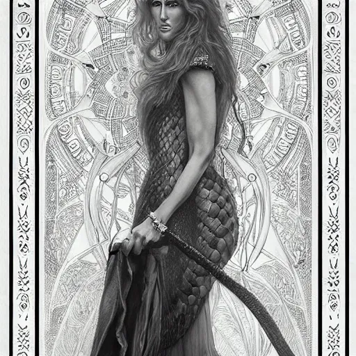 Image similar to amazing lifelike award winning pencil illustration of Celine Dion with many snakes for hair trending on art station artgerm Greg rutkowski alphonse mucha cinematic