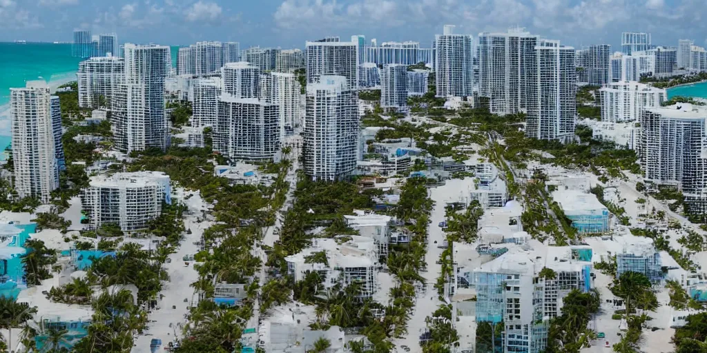 Image similar to wide - angle view of an alien invasion at the shores of miami beach.