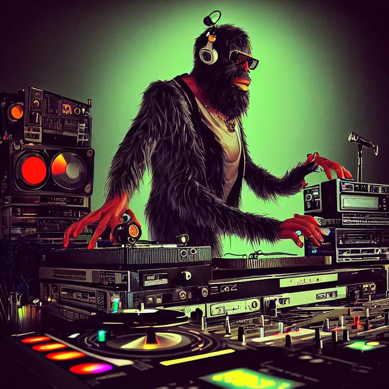 Image similar to a photograph portrait of an anthropomorphic cyberpunk bigfoot dj at the turntables spinning records, detailed render, tape deck, boombox, headphones, epic composition, cybernetics, 4 k realistic, cryengine, realistic shaded lighting, sharp focus, masterpiece, by matteo scalera, gary montalbano, peter elson in the style of the tokyo ghost comic