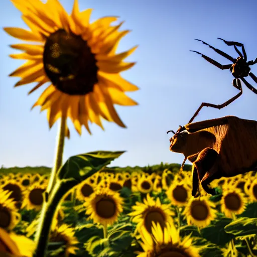 Prompt: spider sitting on a sunflower, cow in the background, depth of field, ultra realistic, cinema, sunset, photo