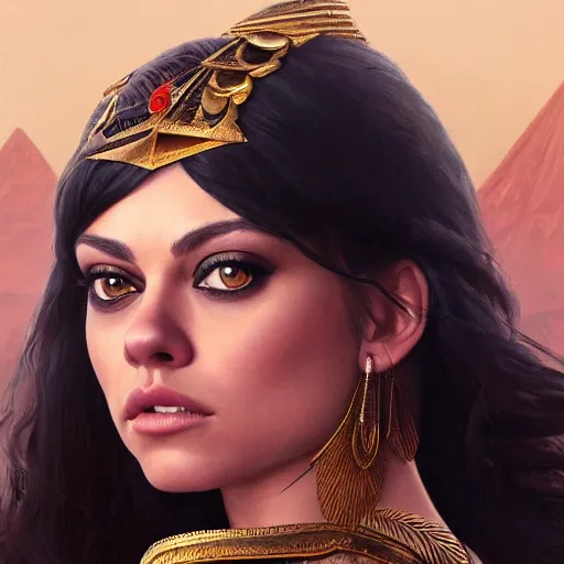 Image similar to a closeup portrait of a young mila kunis as cleopatra, gorgeous view, pyramid background, high detail, art by artgerm and greg rutkowski and alphonse mucha, digital art, trending on artstation