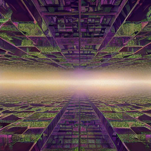 Prompt: overgrown geometric mirror covered mossy alien skyscrapers, sacred geometry nature photography cryengine render, by android jones, james christensen, rob gonsalves, leonid afremov, syd mead, and john stephens