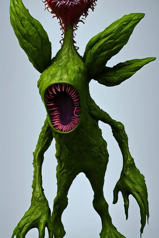 Image similar to anthropomorphic, mutant carnivorous plant, full body, character design by Disney and Pixar, sculpted in zbrush, minimal, dystopian, big eyes with eyelashes,extremely detailed, digital painting, artstation, concept art, volumetric lighting, golden ratio, rule of thirds, fibonacci