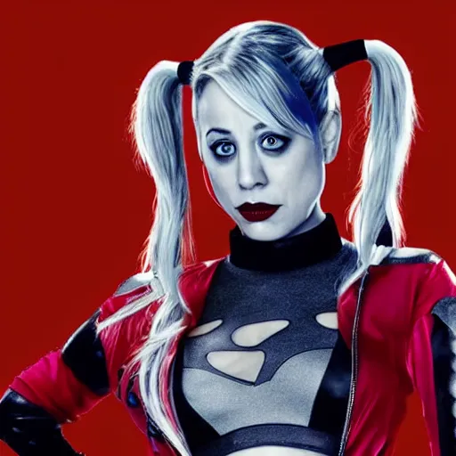 Image similar to A still of Kaley Cuoco as Harley Quinn