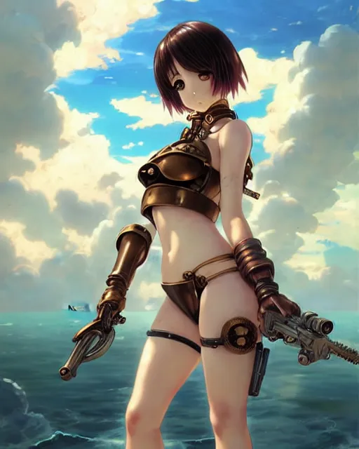 Image similar to portrait Anime Girl in bikini armor steampunk cute-fine-face, pretty face, realistic shaded Perfect face, fine details. Anime. Bioshock steampunk realistic shaded lighting by katsuhiro otomo ghost-in-the-shell, magali villeneuve, artgerm, rutkowski Jeremy Lipkin and Giuseppe Dangelico Pino and Michael Garmash and Rob Rey