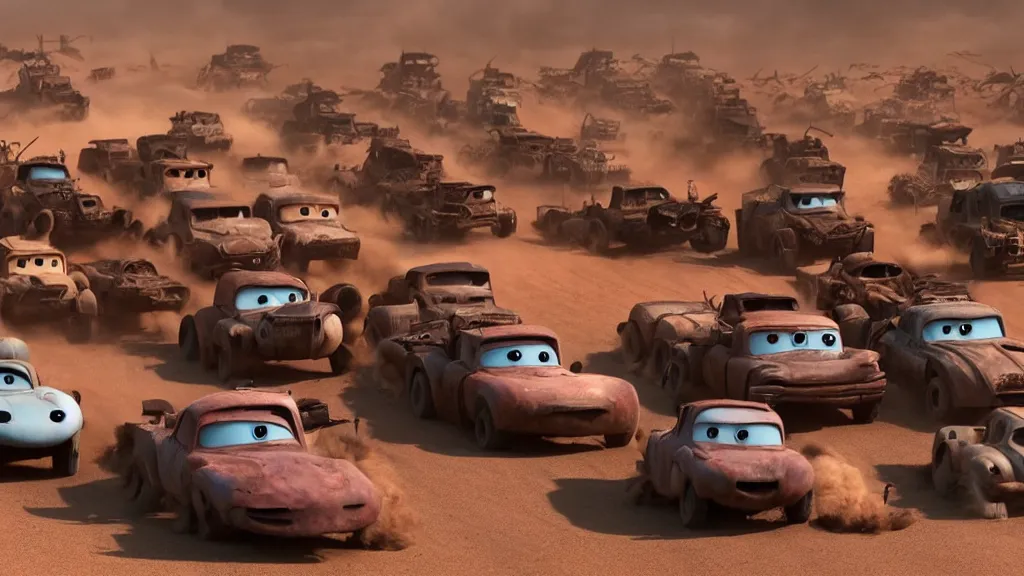 Image similar to pixar cars in mad max fury road, cartoon eyes, explosions, war boys, imax