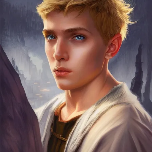 Image similar to an epic fantasy comic book style portrait painting of a young blonde boy who is over confident, wearing plain thief clothes, d & d, fantasy, intricate, elegant, highly detailed, digital painting, artstation, concept art, matte, sharp focus, illustration, art by artgerm and greg rutkowski and alphonse mucha