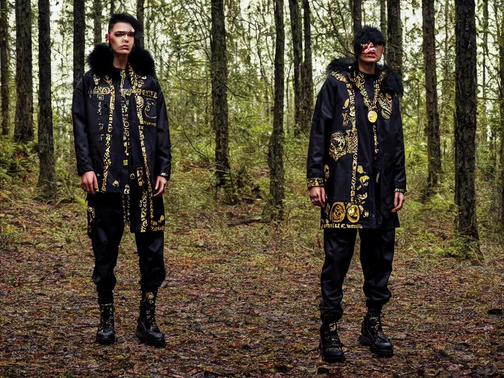 Image similar to versace avant garde oversized jacket arctic fur gold necklace textiles streetwear cyberpunk indigenous commanche descendant shaved head in the woods overcast late evening dramatic professional color 8 k hdr