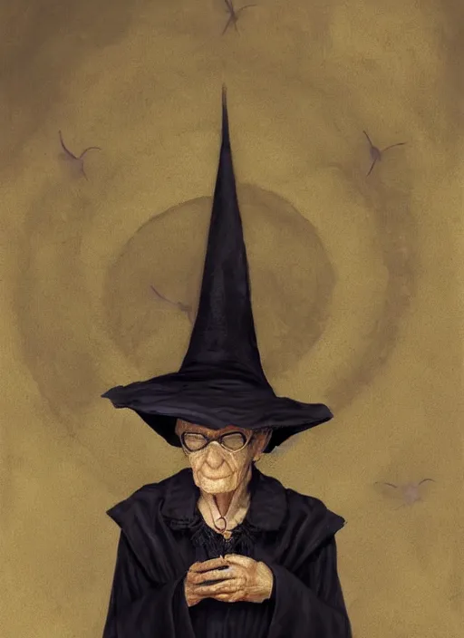Prompt: granny weatherwax, an old lady, a witch, without glasses, with a wise but piercing expression. she is dressed in a black witch hat. beautiful painting with highly detailed face by greg rutkowski and magali villanueve