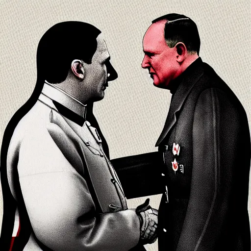 Prompt: Adolph Hitler meeting John Paul II, illustration in cyberpunk style, trending on Artstation