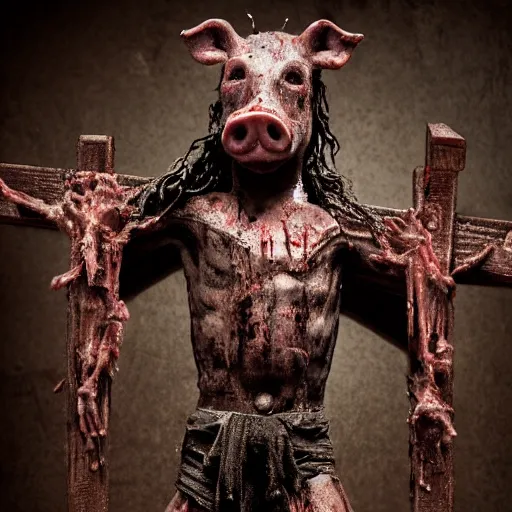 Image similar to a highly detailed realistic photographic render crucified bloody humanoid pig, bloody christ with the head of a pig, dead souls, religious sculpture, creepy, horror, horror scene, cinematic horror, creepy horror, scary scene, cinematic lighting, cinematic scene, Volumetric lighting, Atmospheric scene, Dark, Horror, Atmospheric lighting, Global illumination, realistic, photo realism, hyper realistic, hyper realism, photo realisitc, cinematic render, film, beautifully lit, ray traced, octane 3D render, octane render, unreal engine