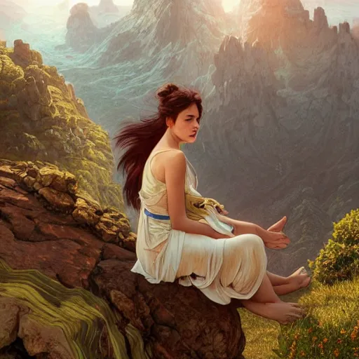 Image similar to a girl sitting on the edge of a mountain, looking at the distance, epic scale, alien landscape, intricate, headshot, highly detailed, digital painting, artstation, concept art, sharp focus, cinematic lighting, illustration, art by artgerm and greg rutkowski, alphonse mucha, cgsociety