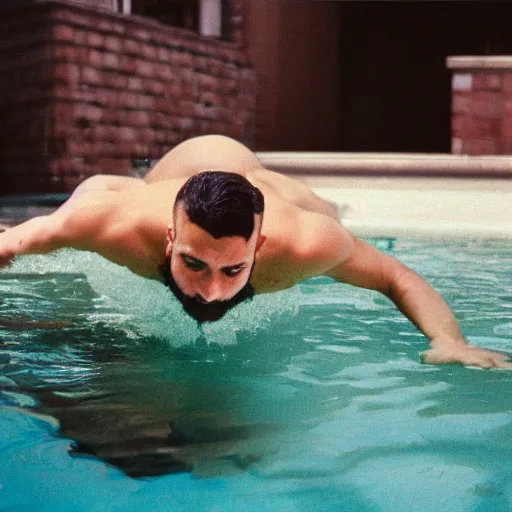 Prompt: photo of jewish man diving into a pool of money, cinestill, 800t, 35mm, full-HD