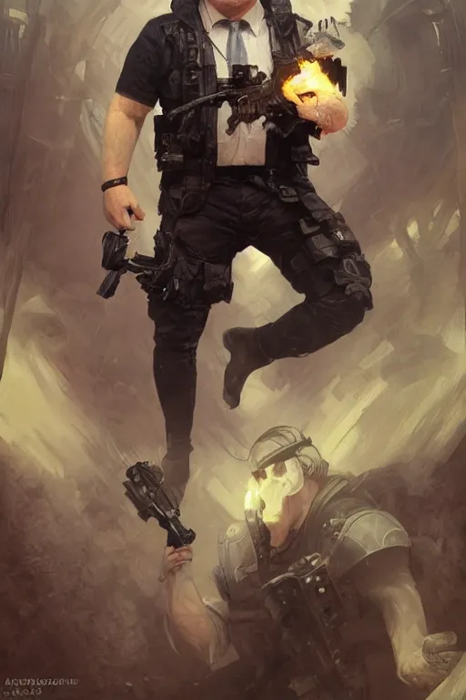 Image similar to Boris Johnson as a Punisher highly detailed character in digital fantasy, painted portrait, artstation, concept art, hard focus, illustrations, works by Artgerm and Greg Rutkowski, Alphonse Mucha and Craig Mullins, James Gene, Andrey Ryabovichev, Mark Simonetti and Peter Morbacher, 16 thousand