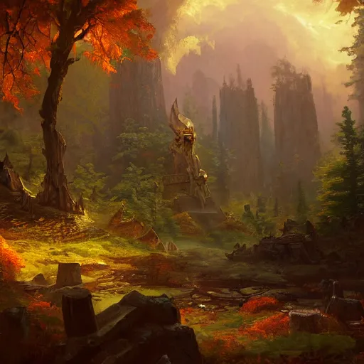 Prompt: autumn forest with a single giant crumbling copper warrior statue, fantasy concept art by tyler edlin, antoine blanchard, thomas cole